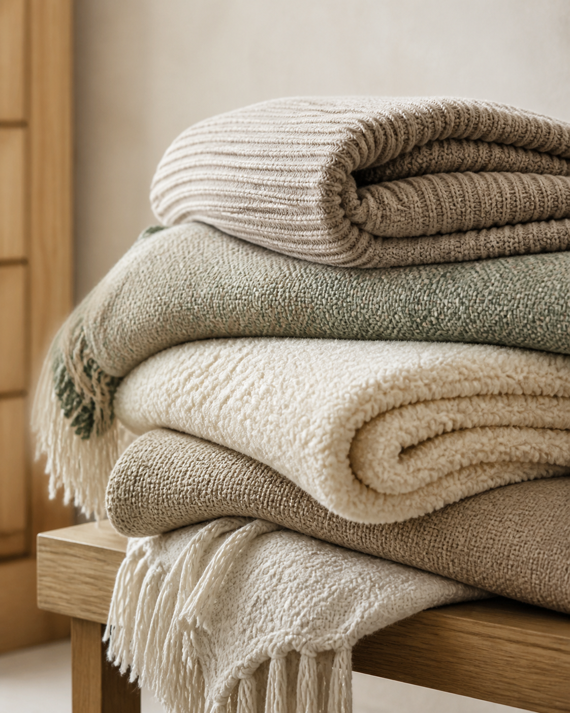 Folded woven, knit and sherpa throws in oatmeal and muted sage