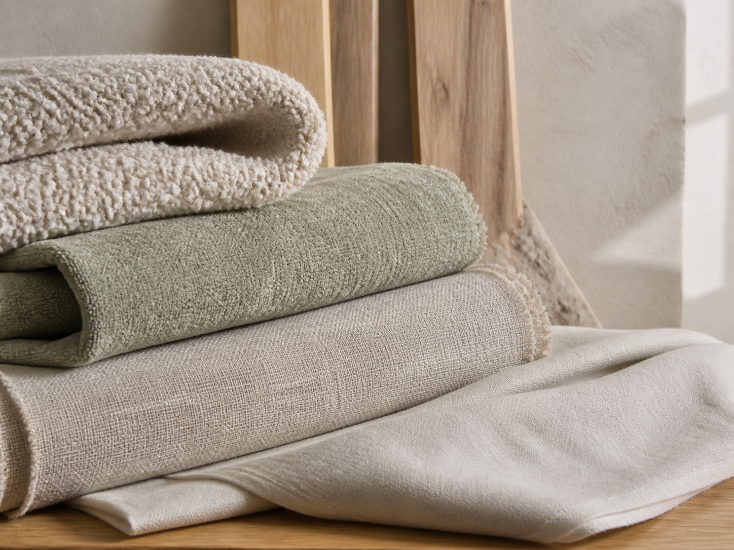 Layered home textiles showing varied woven and boucle textures