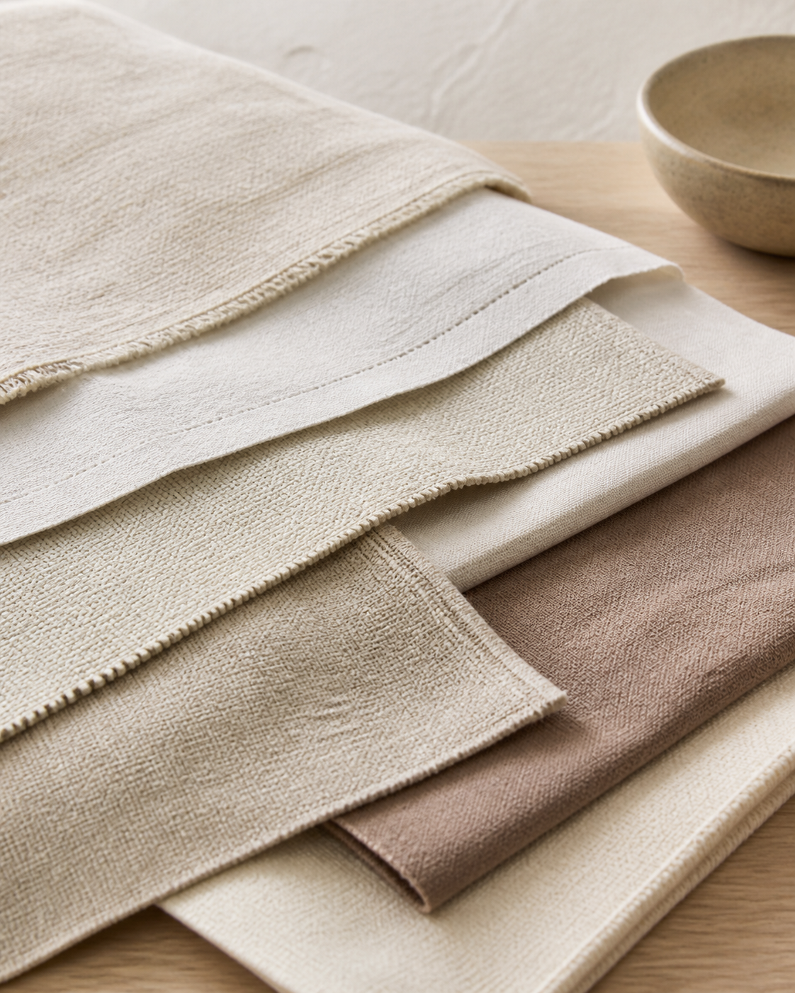 Neutral fabric swatches and material references on a worktable