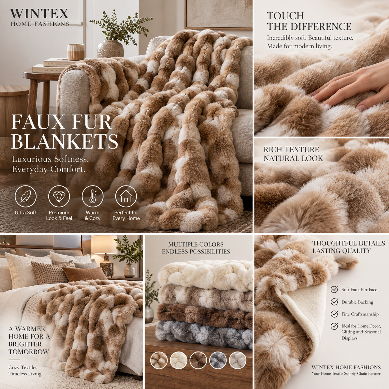 WINTEX faux fur blankets shown in a home setting with touch, texture and reversible styling details