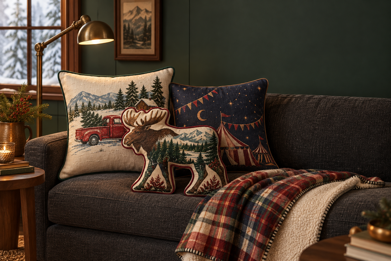 Holiday pillow collection with an animal-shaped appliqué cushion, scenic motifs and a coordinating plaid throw