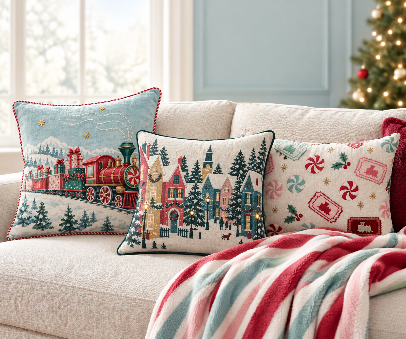 Holiday decorative pillow collection with illustrated train, village and candy motifs on a home sofa