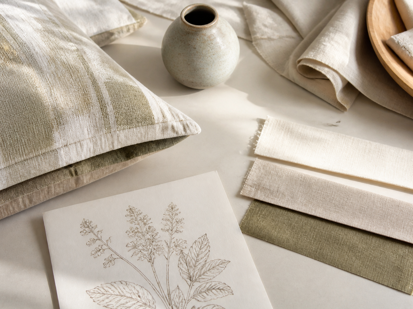 Neutral textile collection direction board with botanical sketch and fabric strips