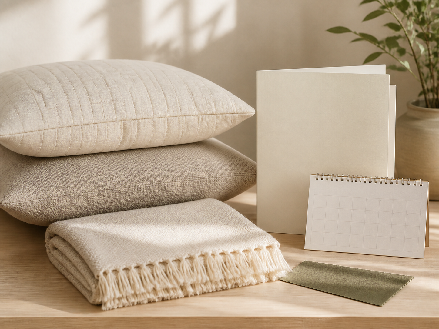 Finished neutral home textiles arranged for an organized launch review
