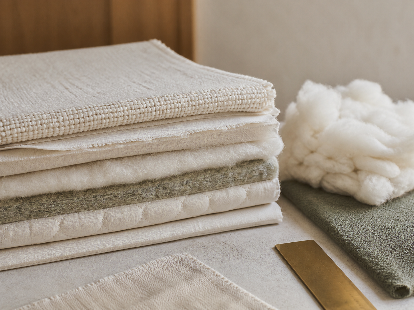 Layered home textile materials and filling samples arranged for review