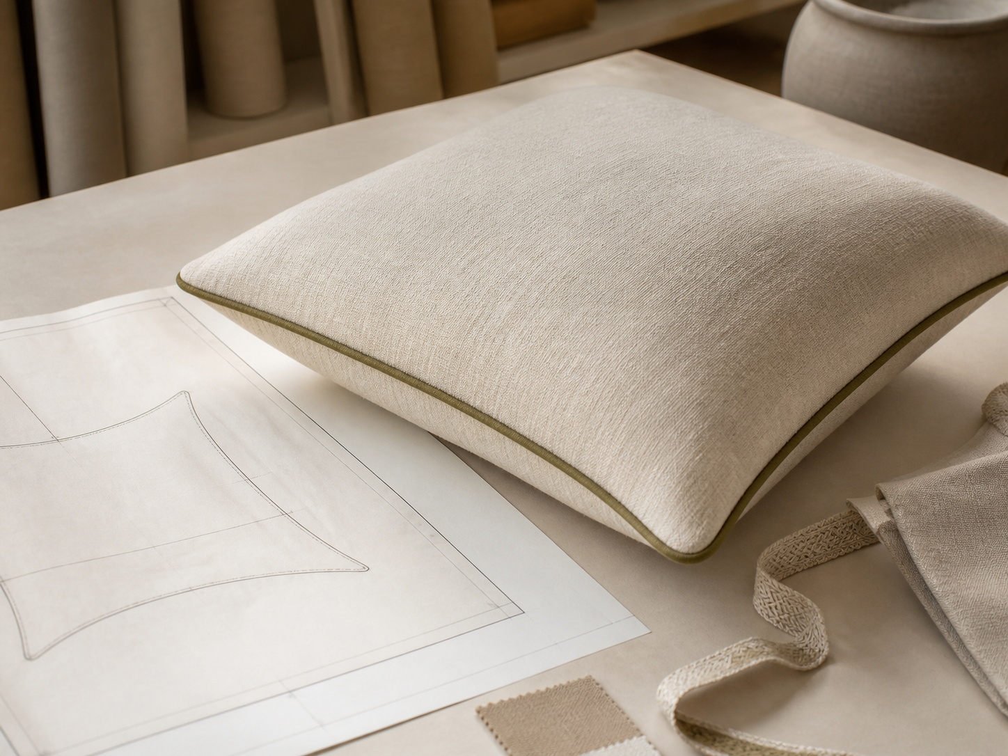Neutral cushion prototype with paper pattern and trim sample on a worktable
