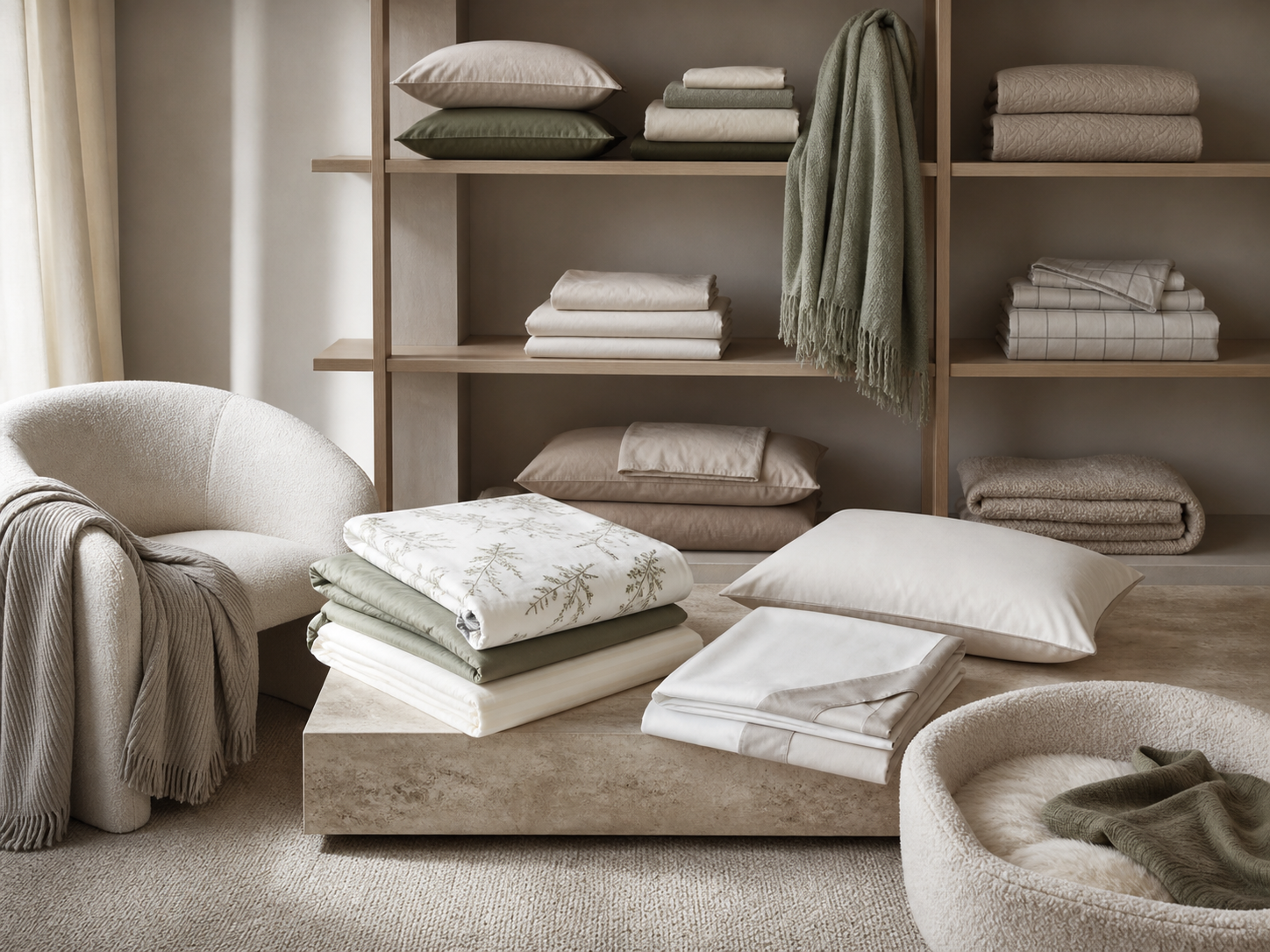 Folded bedding and home textiles in a refined neutral palette