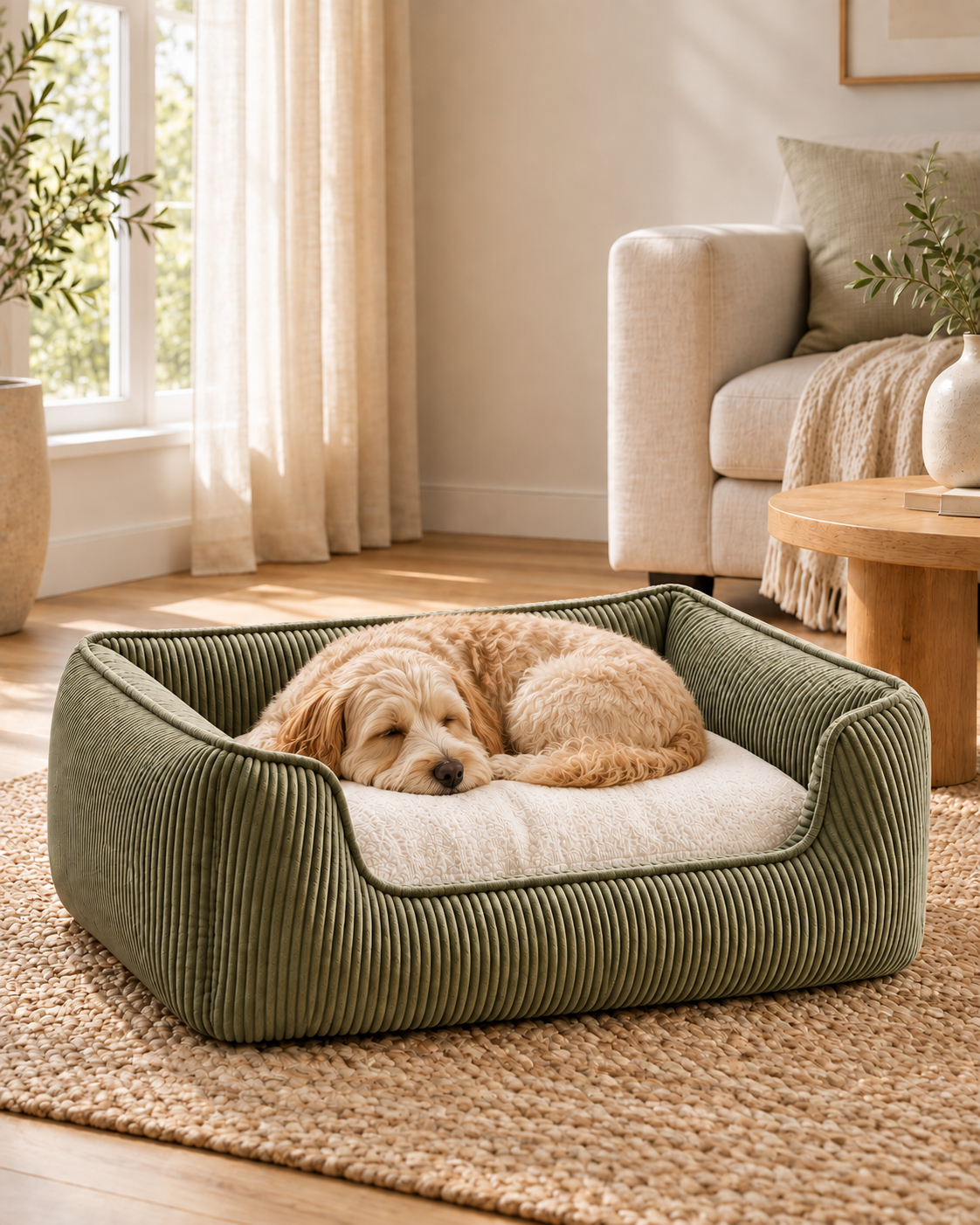 Green ribbed pet bed with a sleeping dog in a high-end home interior