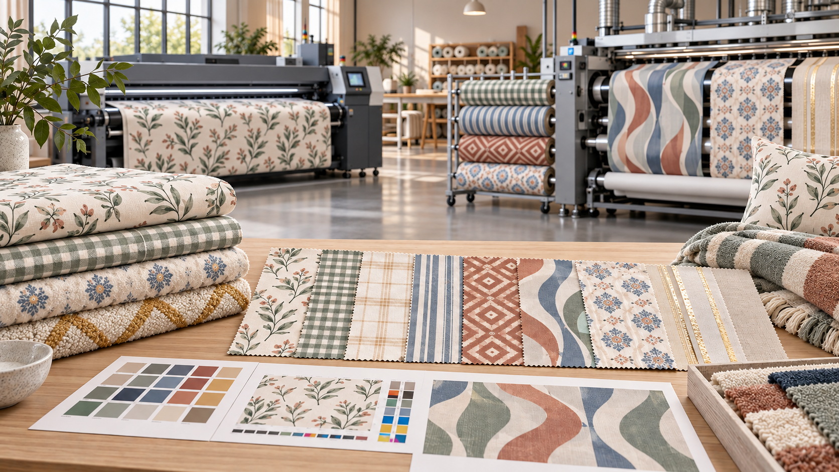 Textile printing studio with patterned fabric rolls, printed samples and color boards